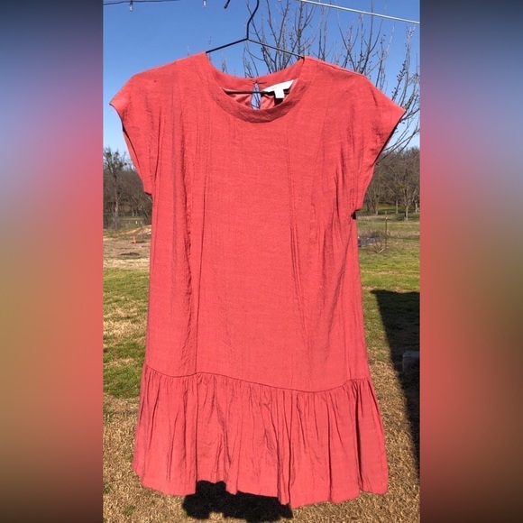 Nine West ~ Small ~ Baby Doll A-Line Linen Texture Pink Flounce Mini Dress - Picture 3 of 9